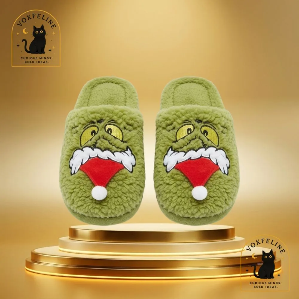 Grinch Christmas Fuzzy House Slippers with 3D Santa Hat