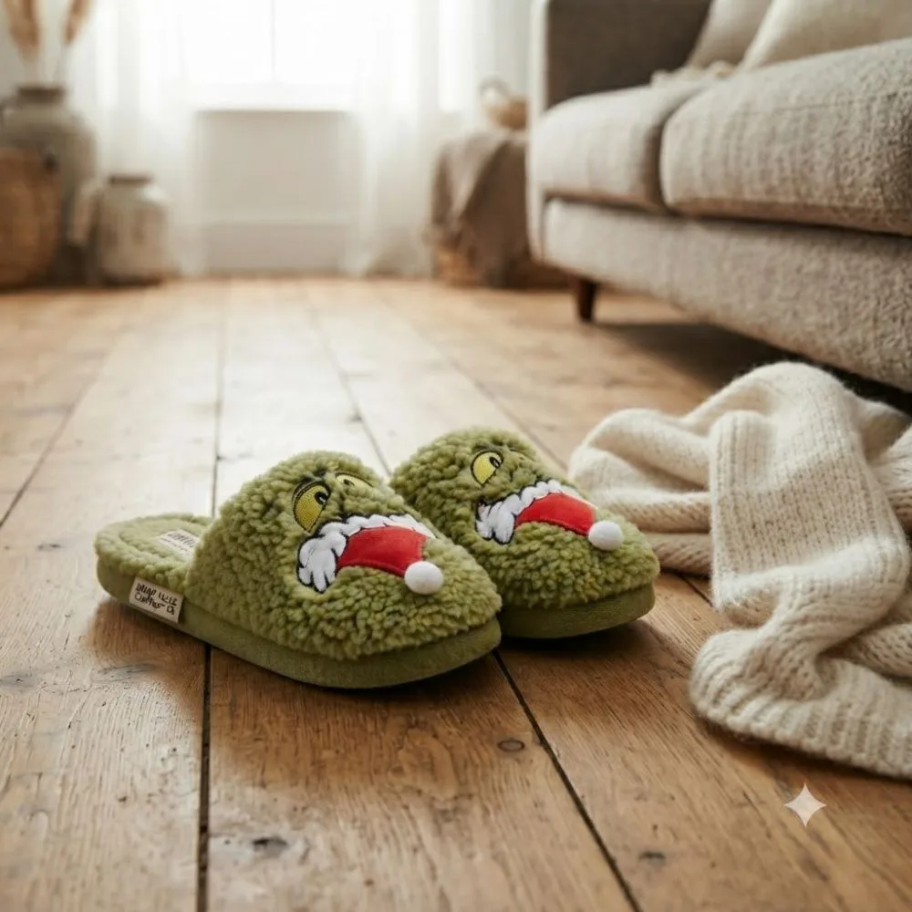 Grinch Christmas Fuzzy House Slippers with 3D Santa Hat (3) Grinch Christmas Fuzzy House Slippers with 3D Santa Hat — image 3
