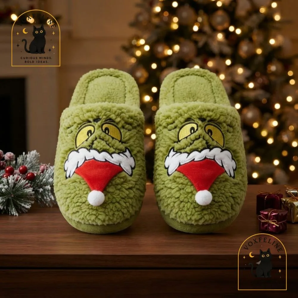 Grinch Christmas Fuzzy House Slippers with 3D Santa Hat (4) Grinch Christmas Fuzzy House Slippers with 3D Santa Hat — image 4