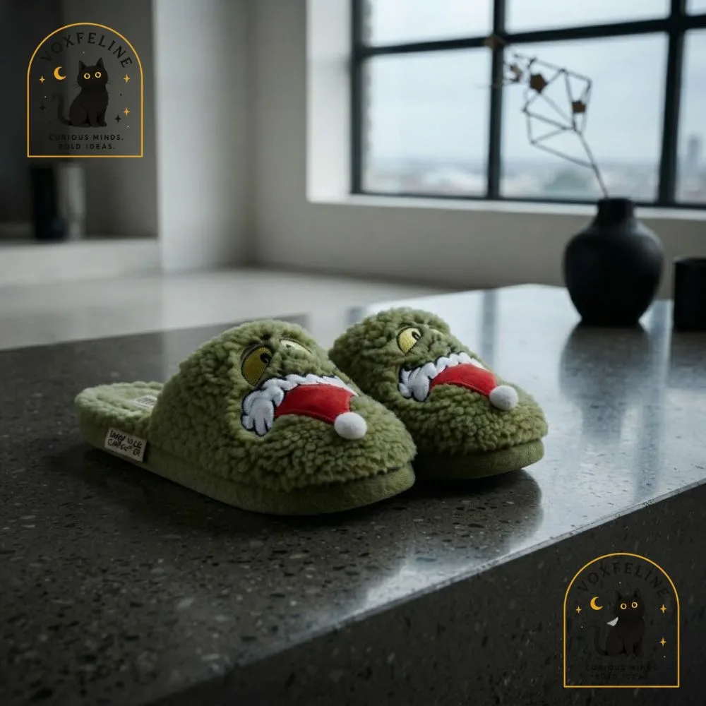 Grinch Christmas Fuzzy House Slippers with 3D Santa Hat (5) Grinch Christmas Fuzzy House Slippers with 3D Santa Hat — image 5