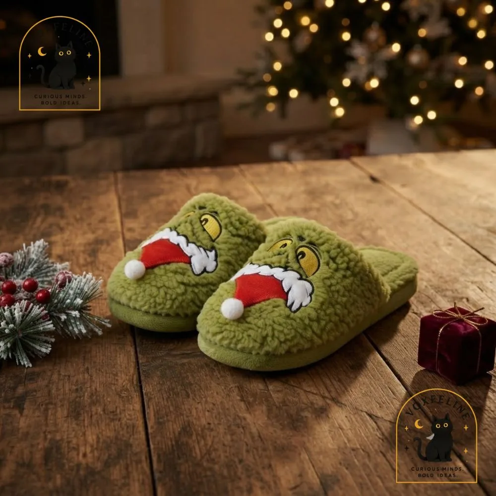 Grinch Christmas Fuzzy House Slippers with 3D Santa Hat (7) Grinch Christmas Fuzzy House Slippers with 3D Santa Hat — image 7