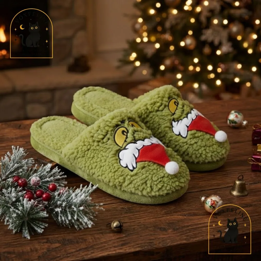 Grinch Christmas Fuzzy House Slippers with 3D Santa Hat (8) Grinch Christmas Fuzzy House Slippers with 3D Santa Hat — image 8