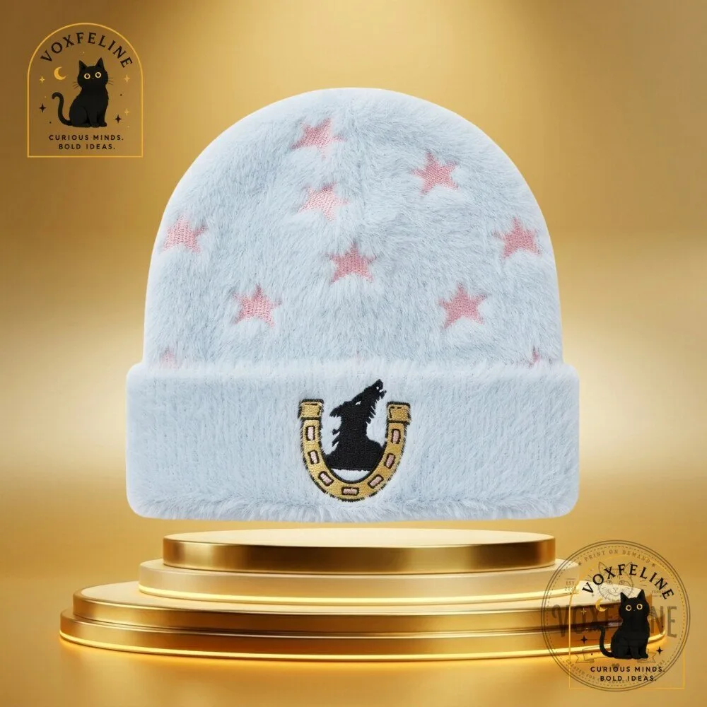 Johnny Joestar Light Blue Knit Beanie Pink Stars & Gold Horseshoe Embroidered Cuffed Hat