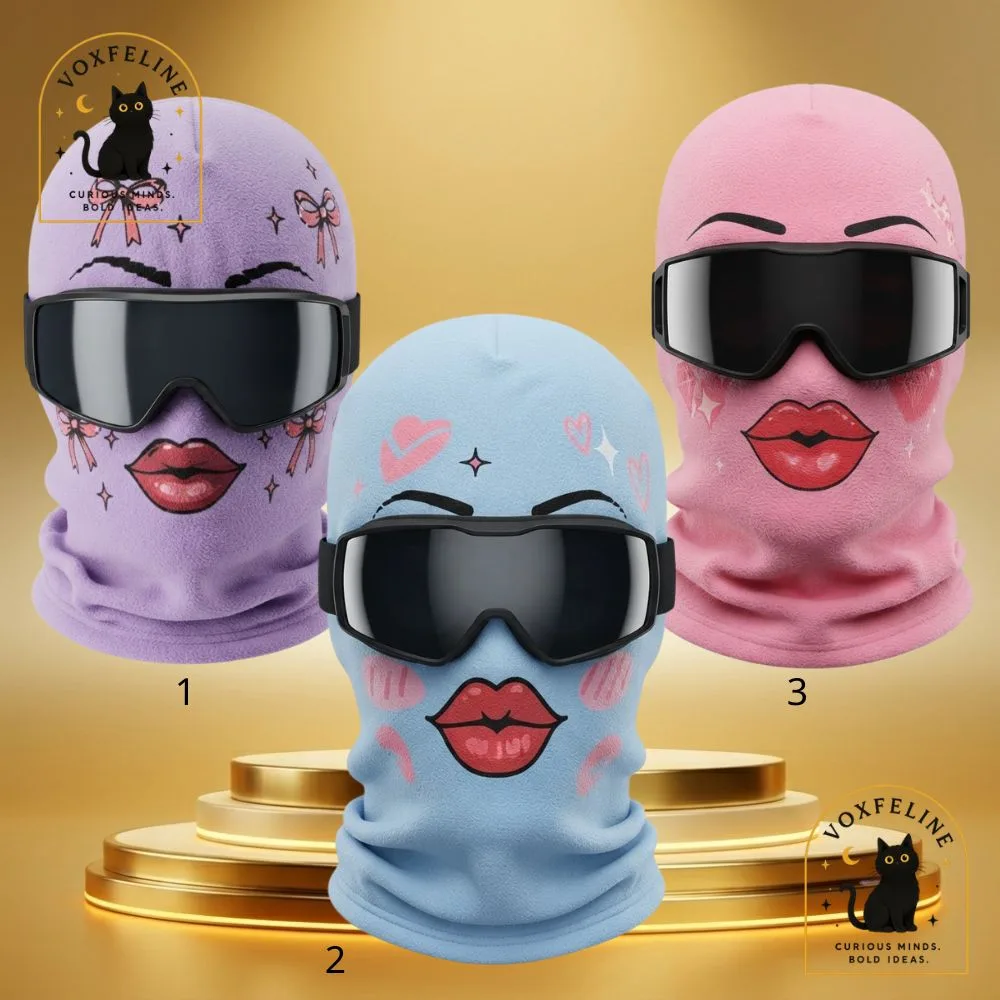 Blue Diva Ski Balaclava Funny Girly Cartoon Face Ski Mask with Ski Goggles