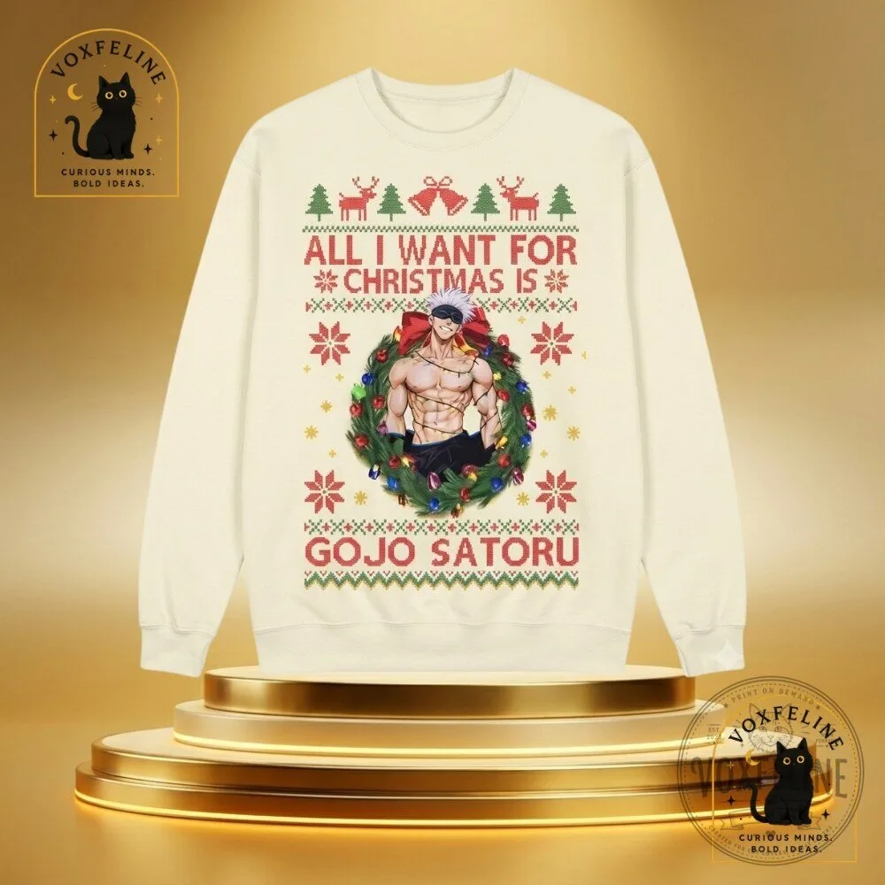 "Gojo Satoru Sweatshirt and Fox Hood: Perfect Holiday Gifts 2023" 23 Gojo Satoru Christmas Wreath Sweatshirt Jujutsu Kaisen Holiday Graphic Sweatshirt