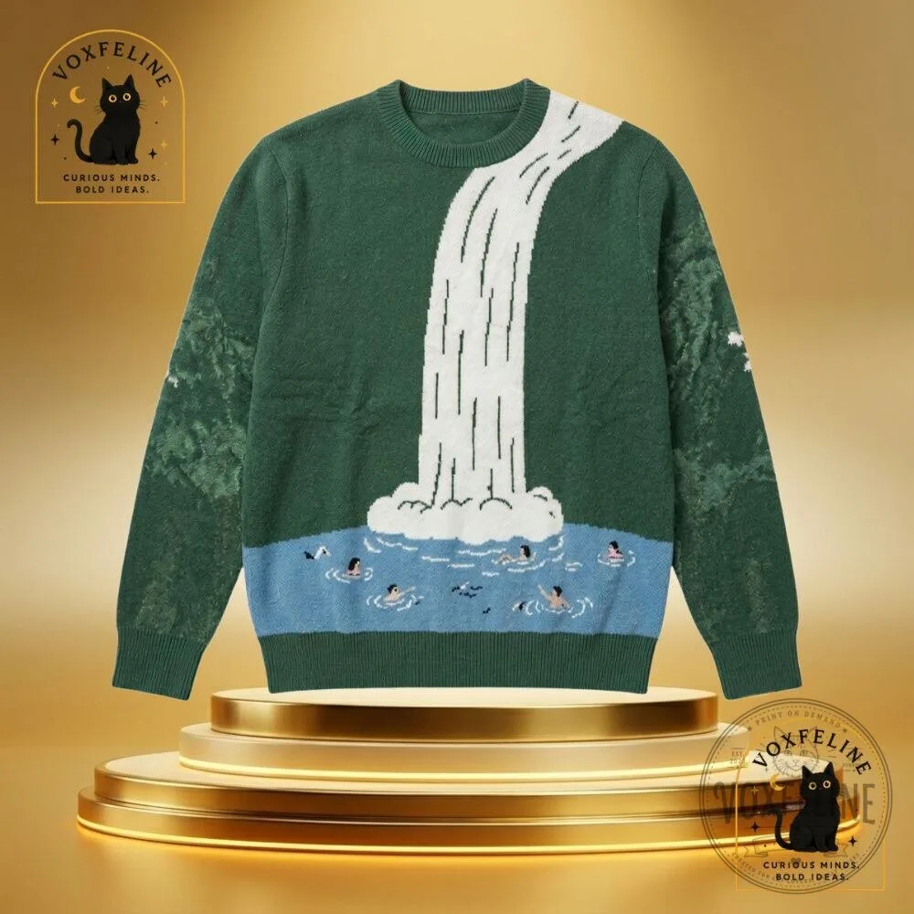 Waterfall Knit Sweater Dark Green Crewneck with Blue Waterfall Graphic