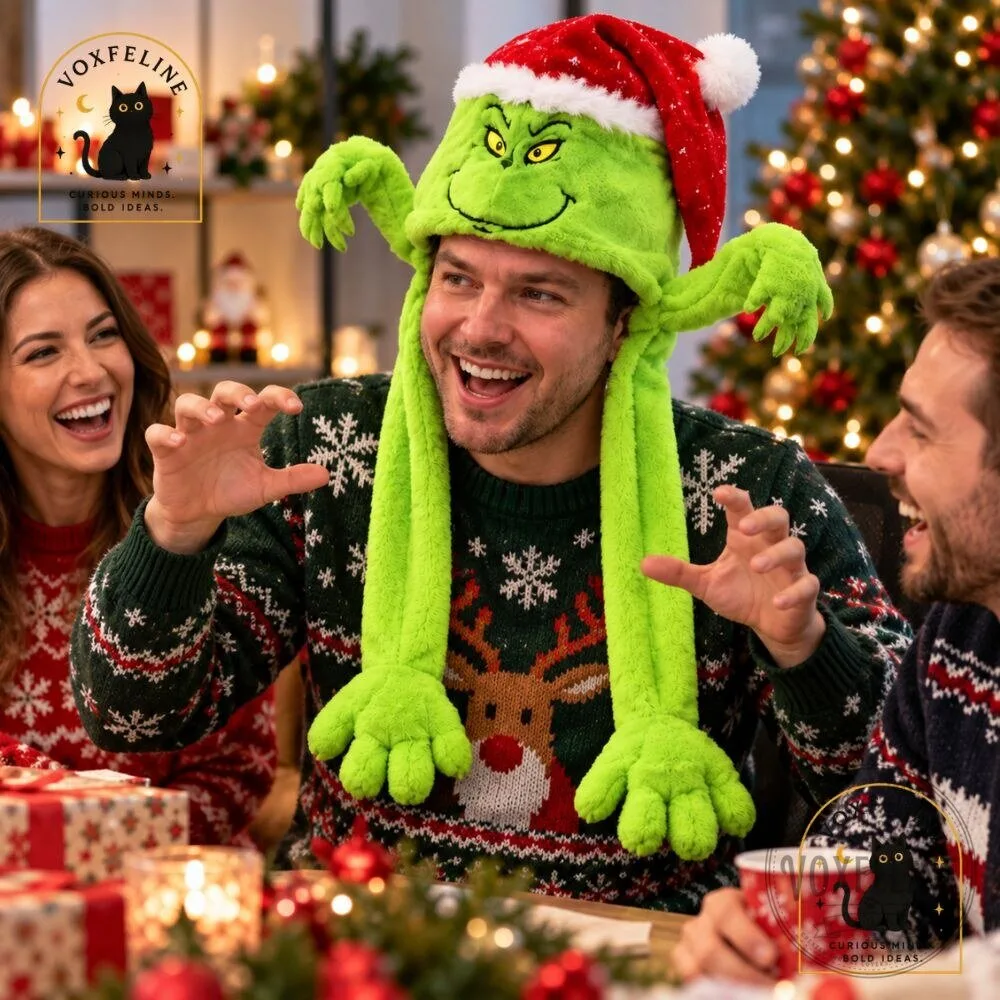 The Grinch Plush Christmas Hat with Moving Ears 2026 Funny Squeeze-Activated Hat