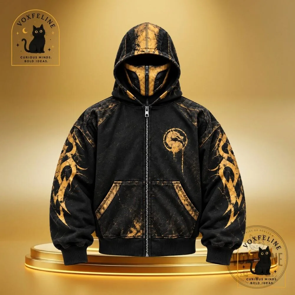H&M x MORTAL KOMBAT Scorpion Hoodie Full Zip Mask Hoodie Black Gold Cosplay Jacket